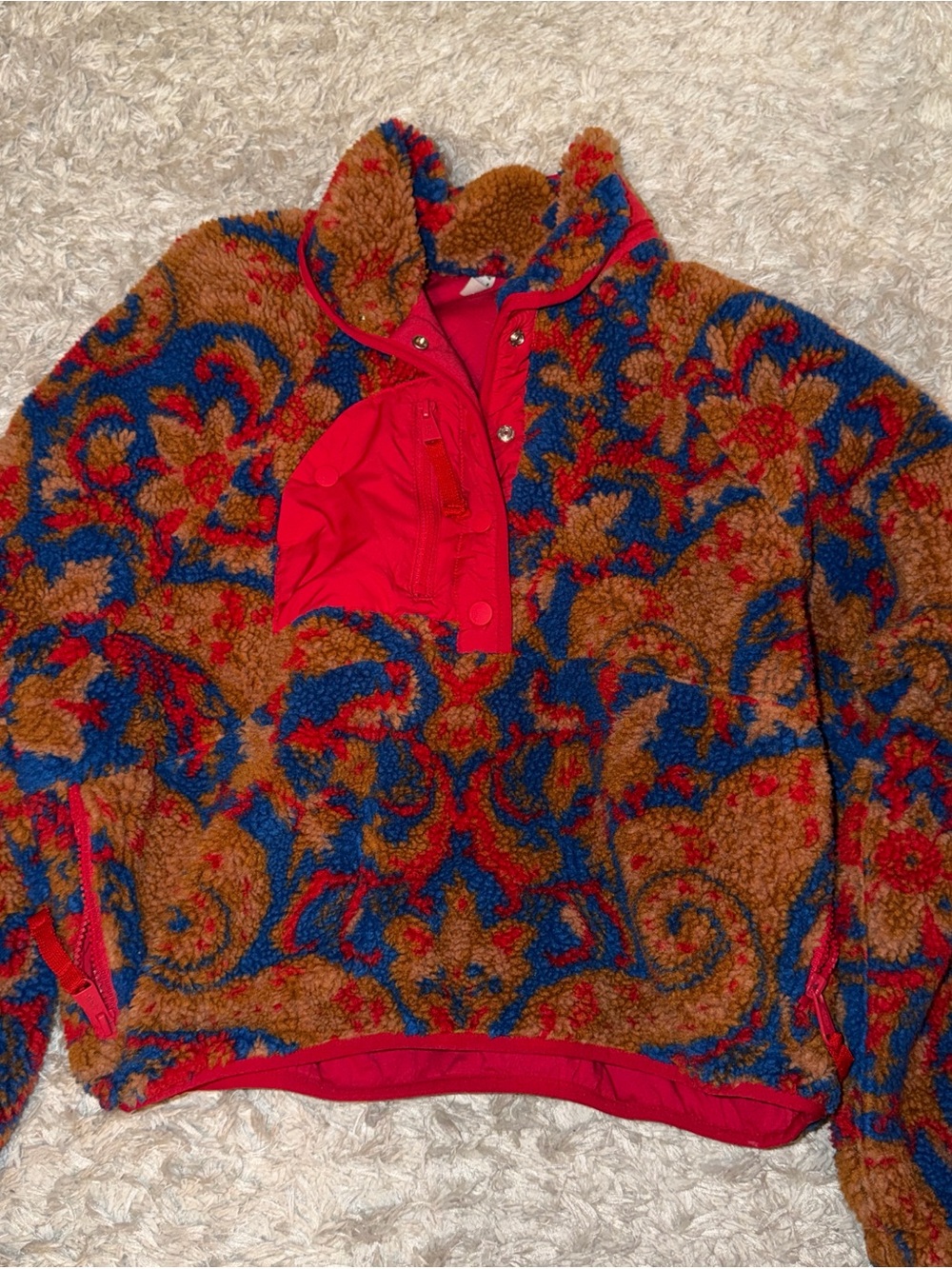 FP Movement by Free People Brown, Blue & Red Patterned Sherpa Zip-Up